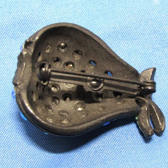 Vintage Japanned Teal Aurora Borealis Rhinestone Pear and Enamel Brooch Pin - Picture 4 of 4